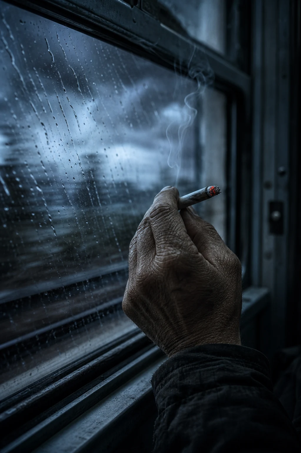 雨窗前夹着烟的手部特写